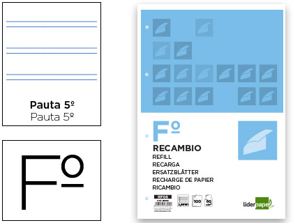 Recambio Liderpapel Din A-4 100h 60g/m² pauta 2,5mm. con margen 4 taladros